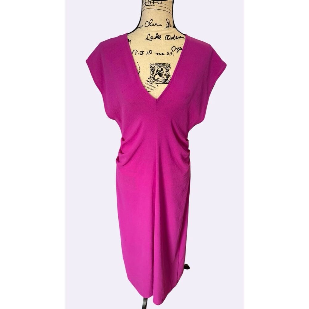 Zara Magenta Draped V-Neck Midi Dress Size S Pink Crepe short sleeve
